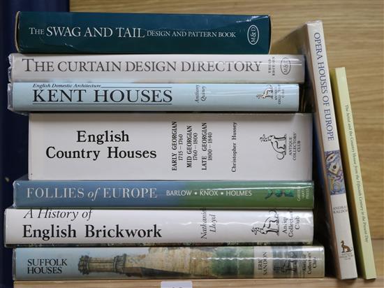 Nine reference books relating to English Country Houses, curtain designs, Opera houses, brickwork etc.